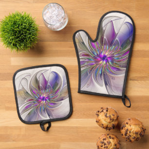Energetic, Colourful Abstract Fractal Art Flower Oven Mitt & Pot Holder Set
