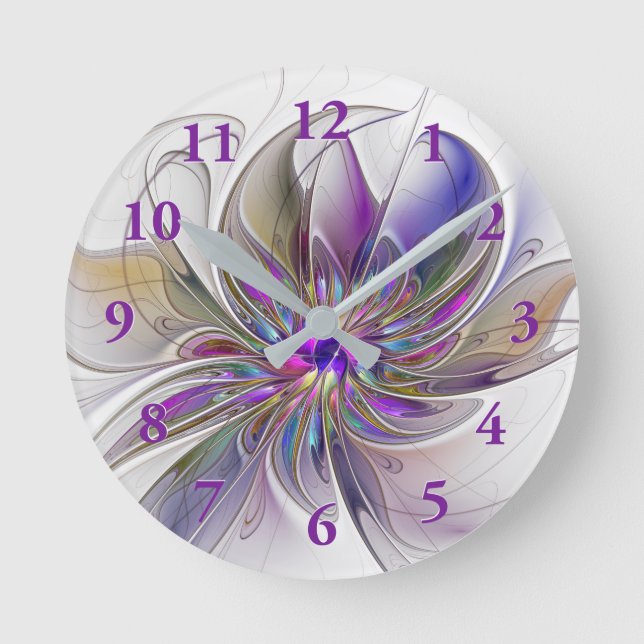 Energetic, Colourful Abstract Fractal Art Flower Round Clock (Front)