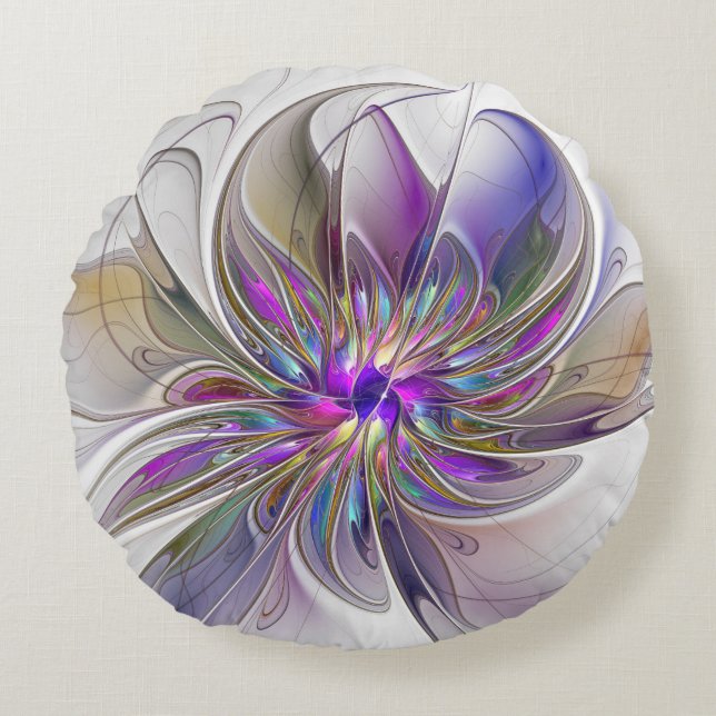 Energetic, Colourful Abstract Fractal Art Flower Round Cushion (Front)