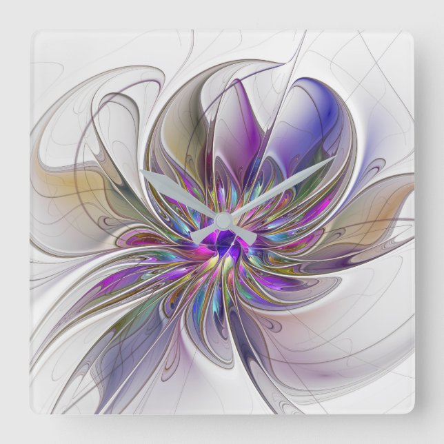 Energetic, Colourful Abstract Fractal Art Flower Square Wall Clock (Front)