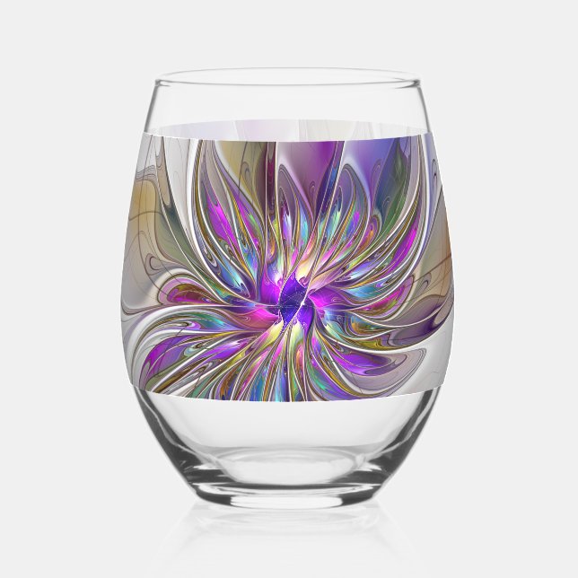 Energetic, Colourful Abstract Fractal Art Flower Stemless Wine Glass (Front)