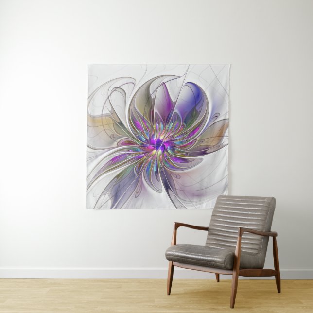 Energetic, Colourful Abstract Fractal Art Flower Tapestry (In Situ)