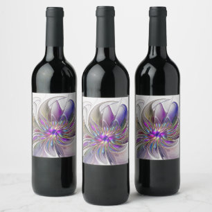 Energetic, Colourful Abstract Fractal Art Flower Wine Label