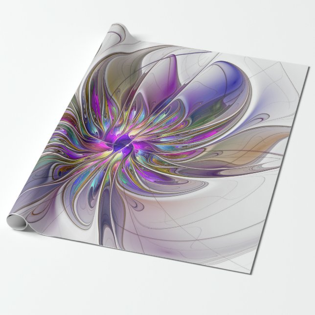 Energetic, Colourful Abstract Fractal Art Flower Wrapping Paper (Unrolled)