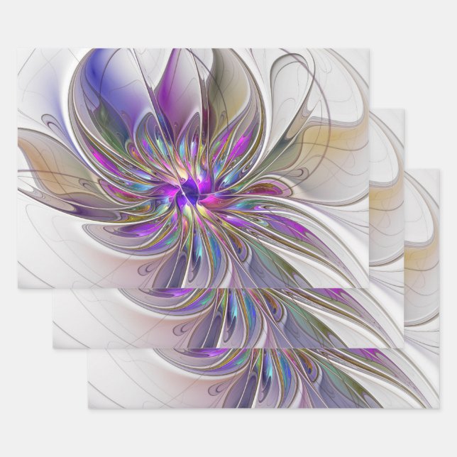 Energetic, Colourful Abstract Fractal Art Flower Wrapping Paper Sheet (Set)