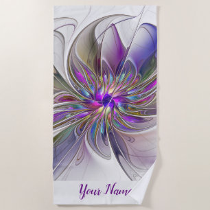 Energetic, Colourful Abstract Fractal Flower Name Beach Towel