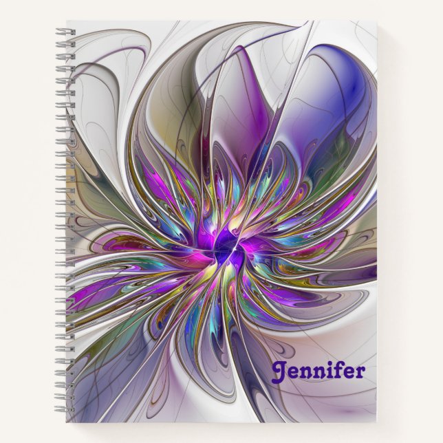 Energetic, Colourful Abstract Fractal Flower Name Notebook (Front)