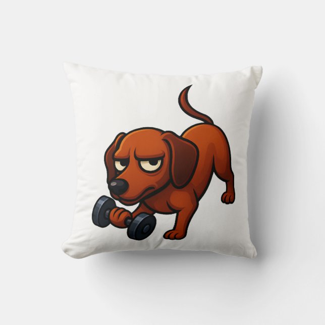 Energetic dachshund dumbbell comic motivation cushion (Front)