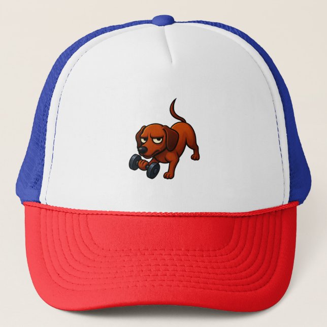 Energetic dachshund dumbbell comic motivation trucker hat (Front)