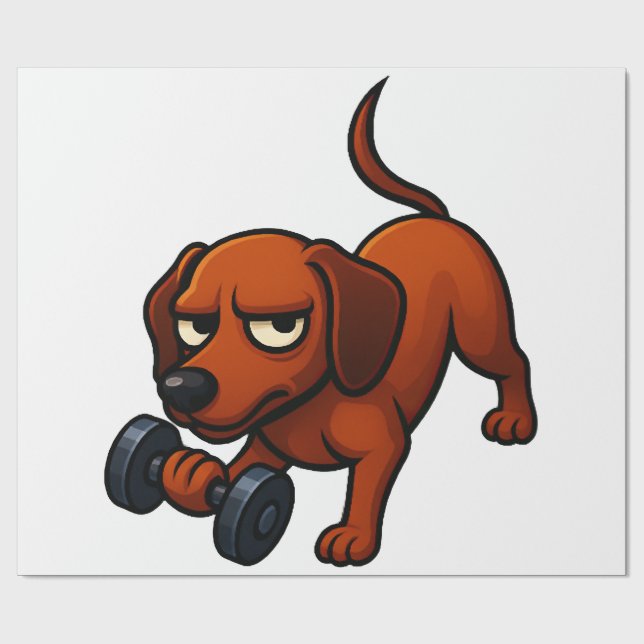 Energetic dachshund dumbbell comic motivation wrapping paper (Flat)