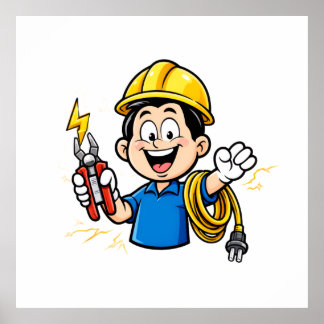 Energetic Electrician Mascot Lightning Cartoon Art Poster