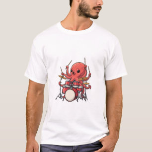 Energetic Red Octopus Drummer Multitasking T-Shirt