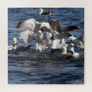 Energetic Seagulls Feeding Frenzy Vibrant Ocean Jigsaw Puzzle
