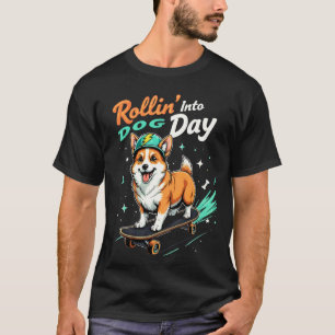 Energetic Skater Corgi Riding Lightning Action Dog T-Shirt