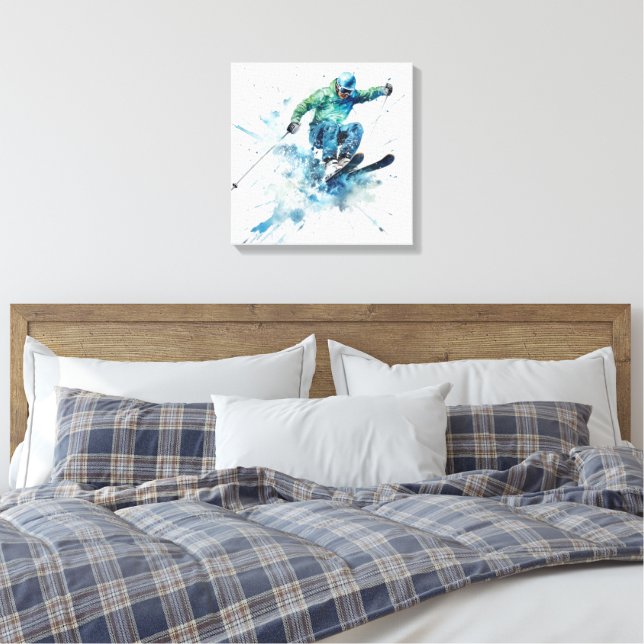 Energetic Skier in Blue Jacket – Thrilling Ski  Canvas Print (Insitu(Bedroom))