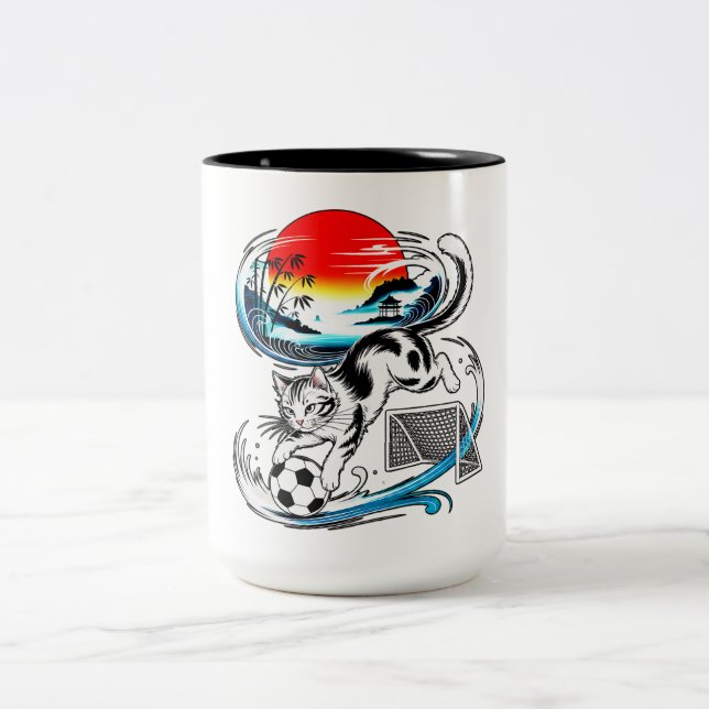 Energetic Soccer Cat Kawaii Gift for Football  Two-Tone Coffee Mug (Center)