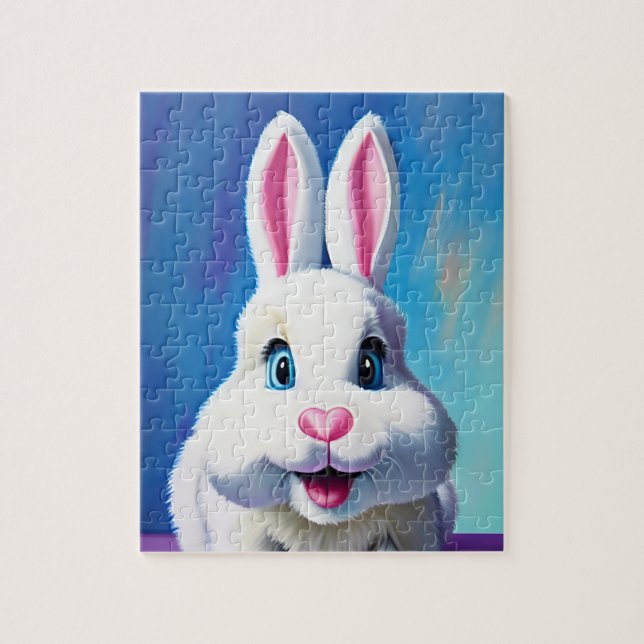 Energetic White Bunny with Blue Eyes Fun Portrait Jigsaw Puzzle (Vertical)
