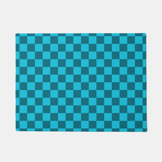 Energising Teal and Turquoise Chequerboard Pattern Doormat (Front)