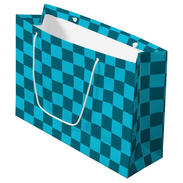 Energising Teal and Turquoise Chequerboard Pattern Large Gift Bag (Front Angled)