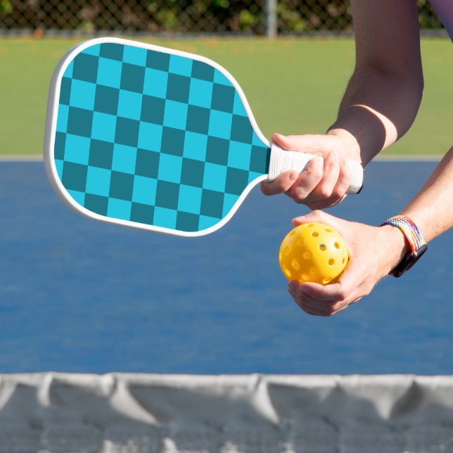 Energizing Teal and Turquoise Checkerboard Pattern Pickleball Paddle (Insitu)