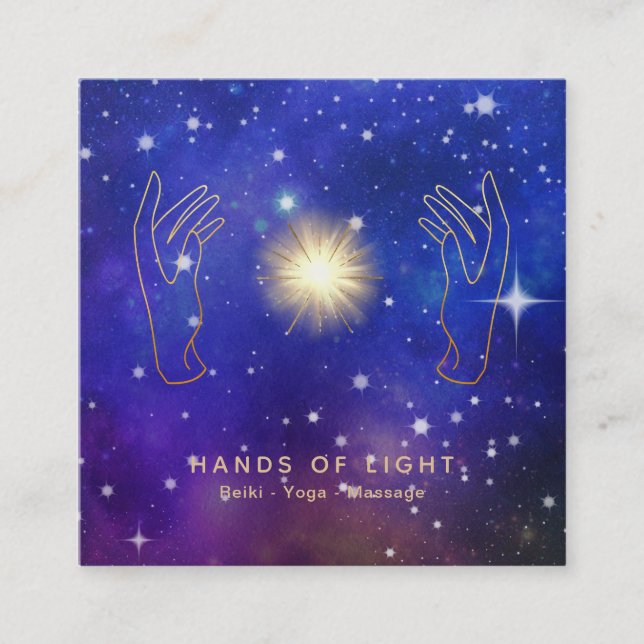 *~* Energy Hands Light Universe Cosmic Stars Square Business Card (Front)