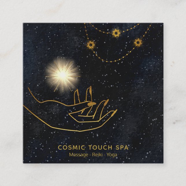 *~* Energy Healing | Gold Cosmic Stars Hands Square Business Card (Front)
