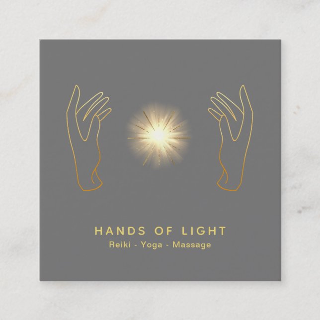 *~* Energy Healing Hands Ball Reiki Light Grey Square Business Card (Front)