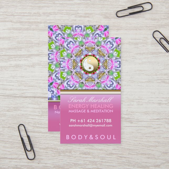 Energy Healing Holistic Pink Sparkle Business Card (Front/Back In Situ)