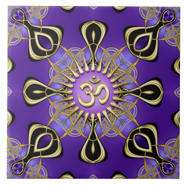 Energy Purple Gold Om Geometry Mandala Tile (Front)