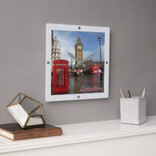 ENG063 LONDON BIG BEN, Double Decker Bus, Square W Wall Clock