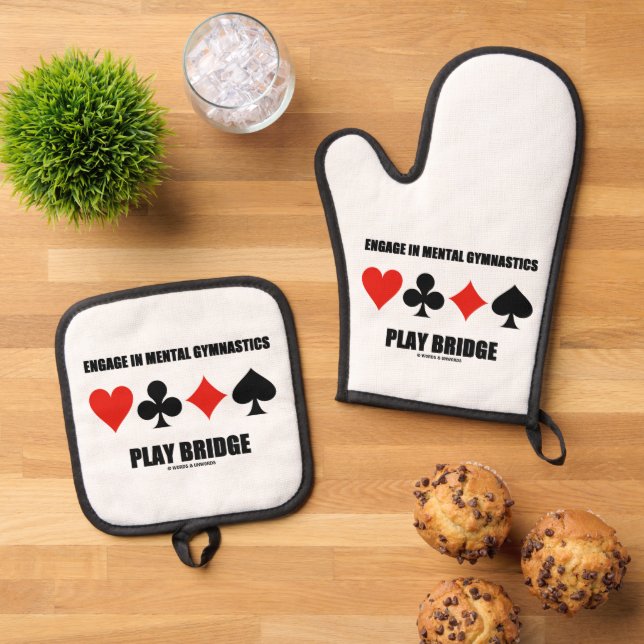 Engage In Mental Gymnastics Play Bridge Oven Mitt & Pot Holder Set (Top Down)