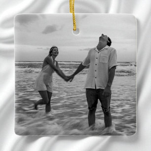 Engaged Black and White First Christmas Photo Ceramic Ornament