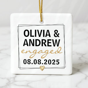 Engaged Black Gold Script Photo Keepsake Ceramic Ornament
