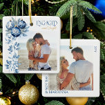 Engaged & Bright 2 Square Engagement Photo Ceramic Ornament<br><div class="desc">Engaged and Bright photo ornament - perfect for engagement gift or couples first christmas engaged! The design features blue bauble ornaments with delicate winter foliage to frame your photo and is elegantly lettered with Engaged and Bright. The other side of the ornament has a second photo framed with the couple's...</div>