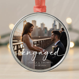Engaged Calligraphy Photo Keepsake Metal Tree Decoration
