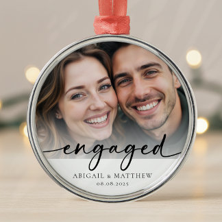 Engaged Calligraphy Photo Keepsake Metal Tree Decoration