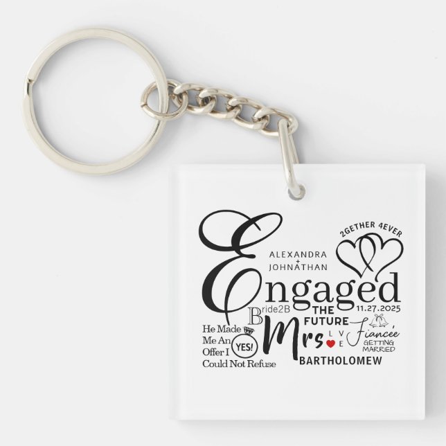 Engaged Collage Wedding Announcement Key Ring (Front)