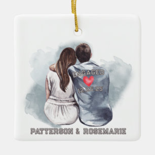 Engaged Couple Cuddling - Romantic Back View Ceramic Ornament