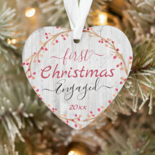 Engaged Couple First Christmas Rustic Wood Ornament