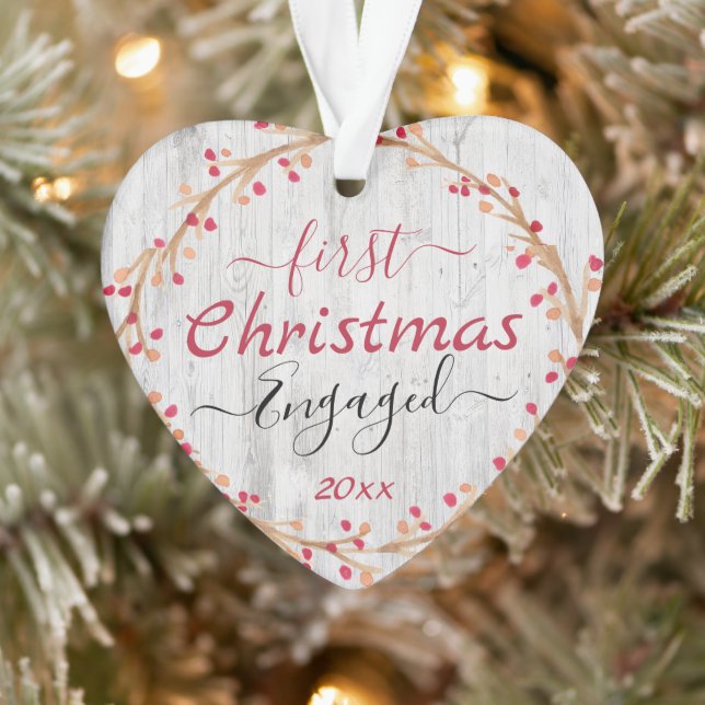 Engaged Couple First Christmas Rustic Wood Ornament (Tree)