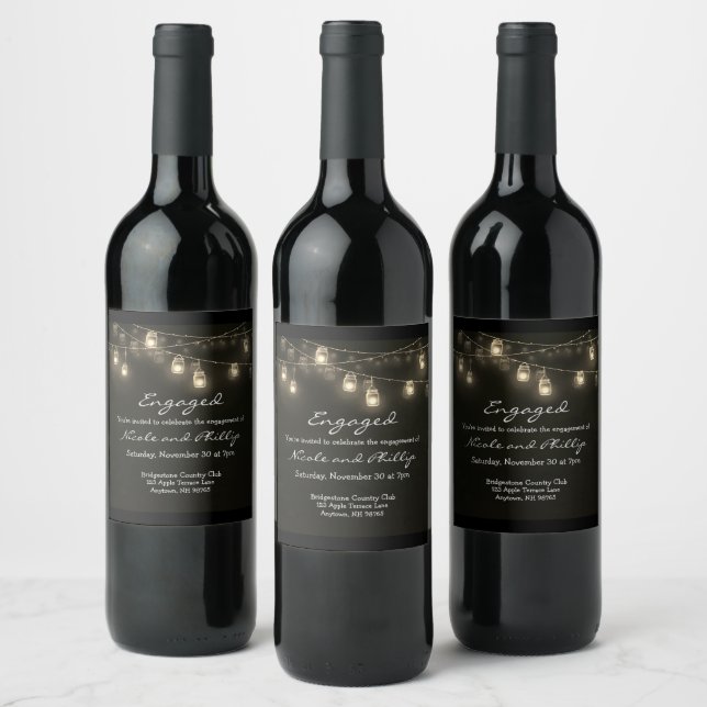 Engaged Couple Mason Jar Lights Keepsake Wine Labe Label (Bottles)