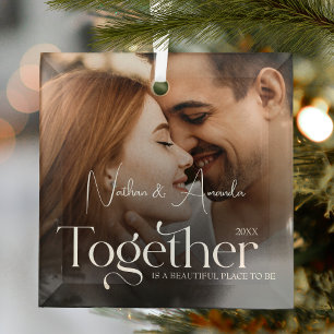 Engaged Couple Minimalist Photo Glass Tree Decoration