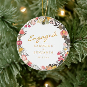 Engaged Couple Names Floral Wreath Fall Keepsake Ceramic Tree Decoration