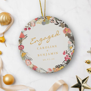 Engaged Couple Names Floral Wreath Fall Keepsake Ceramic Tree Decoration