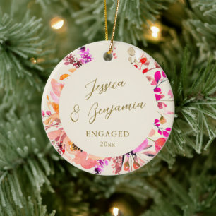 Engaged Couple Names Pink Floral Christmas Ceramic Tree Decoration
