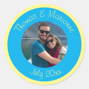 Engaged Couple Picture Names Date Classic Round Sticker