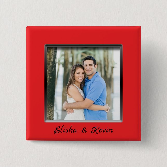 Engaged Couple Red Frame Button with Names (Front)
