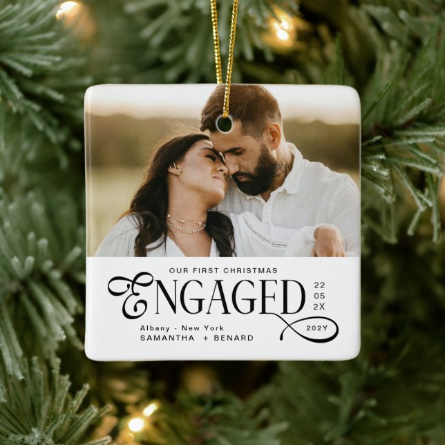 Engaged Couples 2 Photos Stylish First Christmas Ceramic Ornament (Tree)