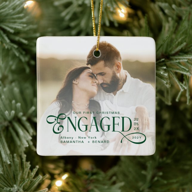 Engaged Couples 2 Photos Stylish First Christmas Ceramic Ornament (Tree)