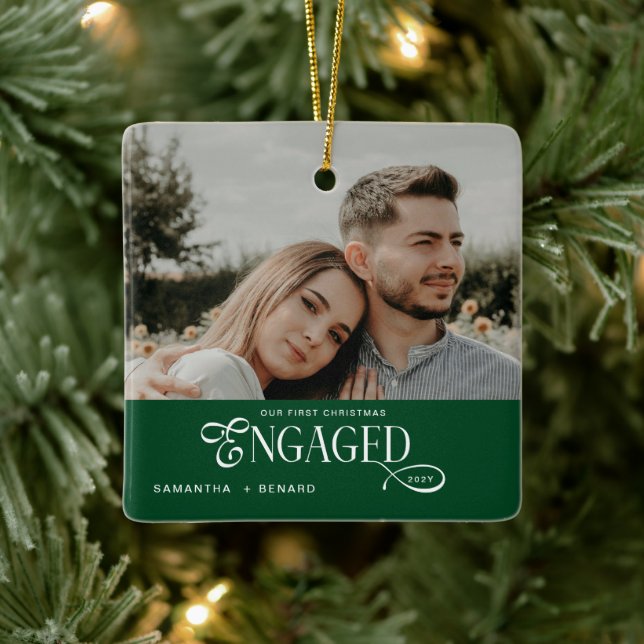 Engaged Couples  Photo Stylish First Christmas Cer Ceramic Ornament (Tree)